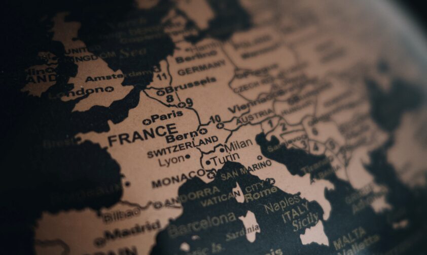 Extreme Closeup of map zoomed into France